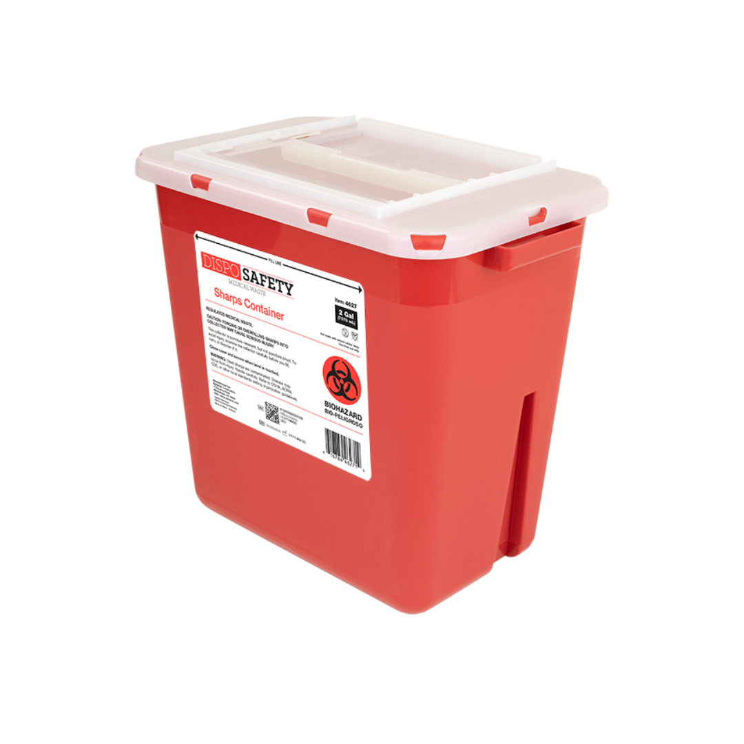 The Dynarex Sharps Containers, in red with a white lid and DISPO SAFETY label featuring a biohazard symbol, are designed for safe disposal and secure storage of needles and other sharp medical waste.
